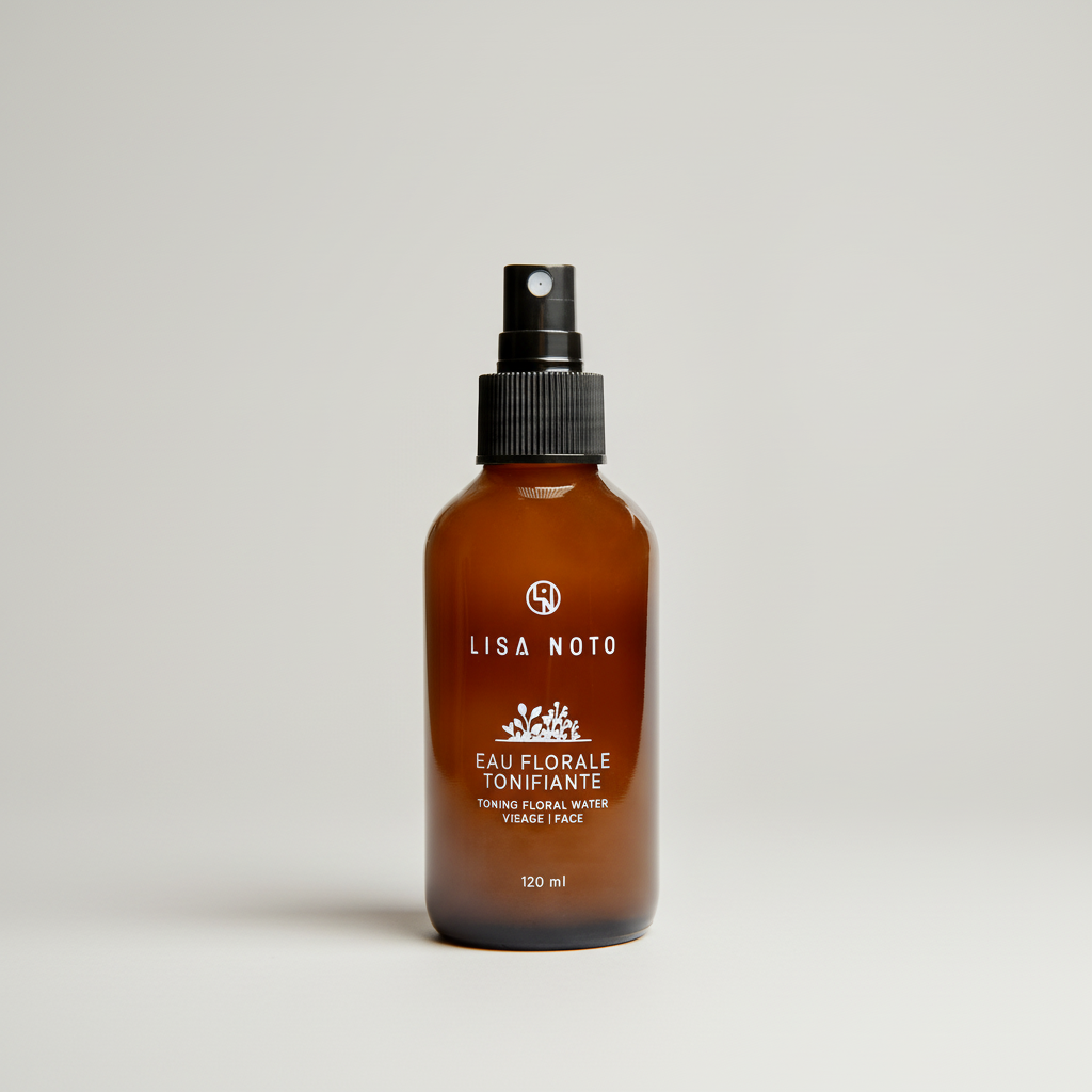 LISA NOTO Toning Floral Water Brown bottle with black spray nozzle on a light grey background