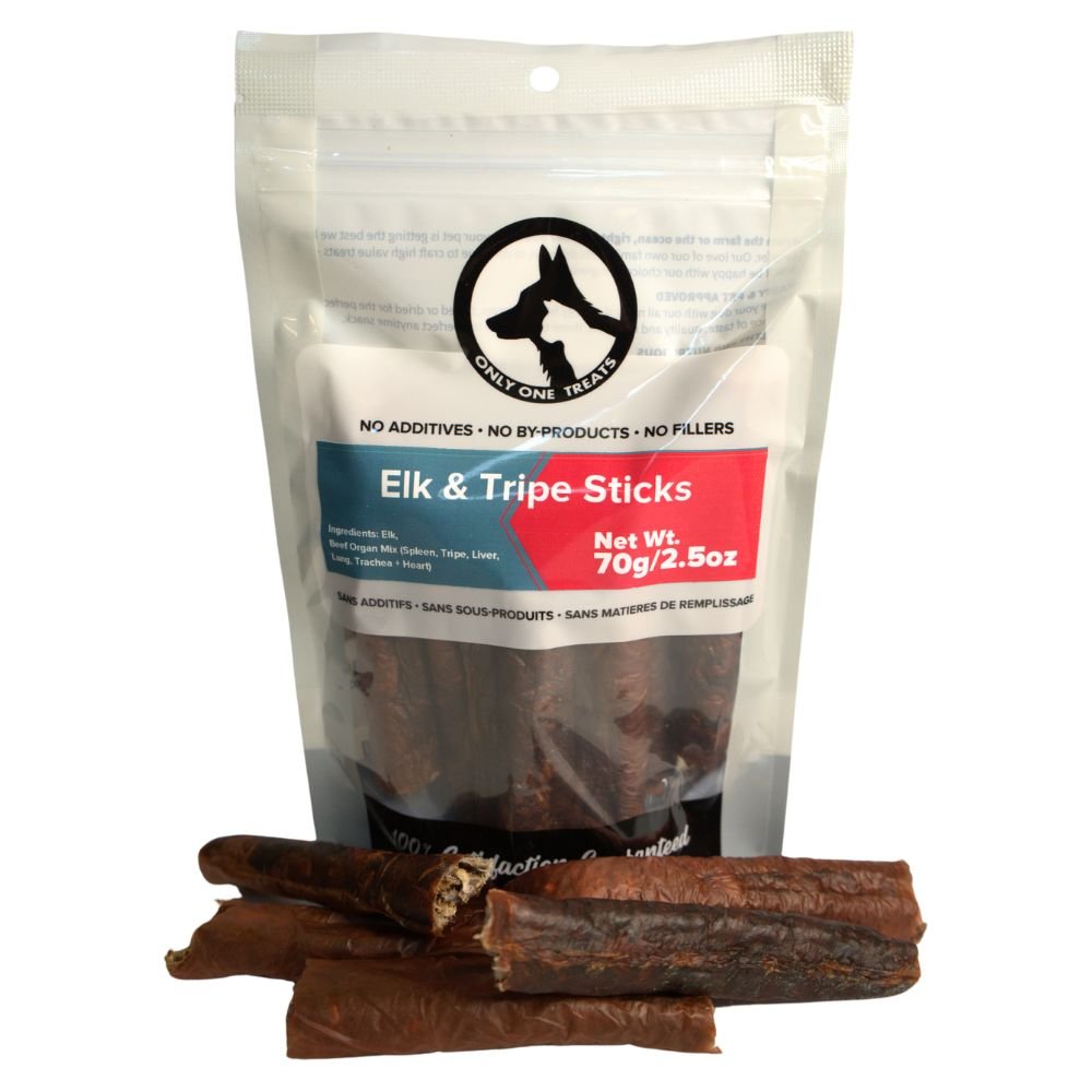 Package of Elk & Tripe Sticks with two sticks in front on a white background