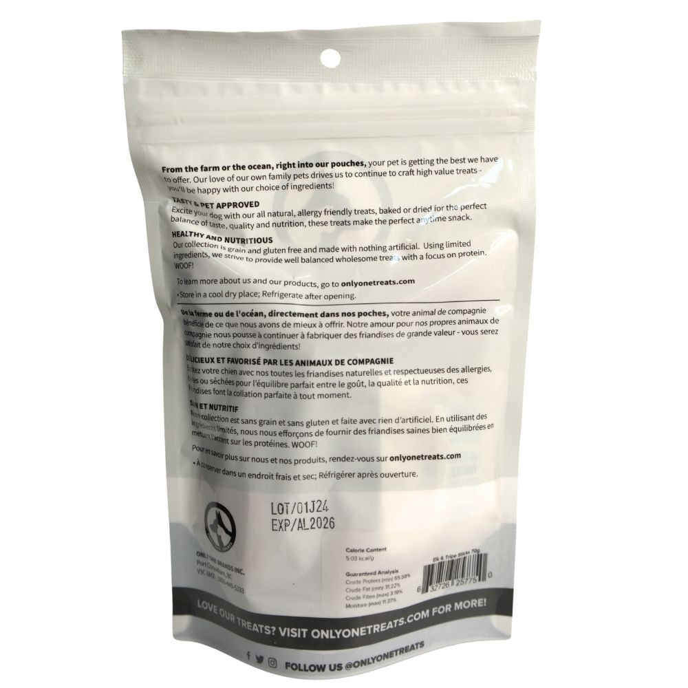 Back view of a pet treat package with text and branding on a white background
