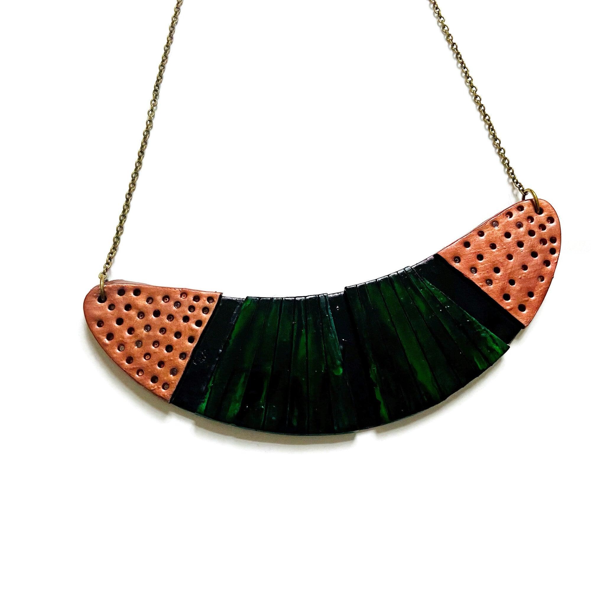 Emerald Green Statement Necklace with Black & Copper Accents Sassy Sacha Jewelry