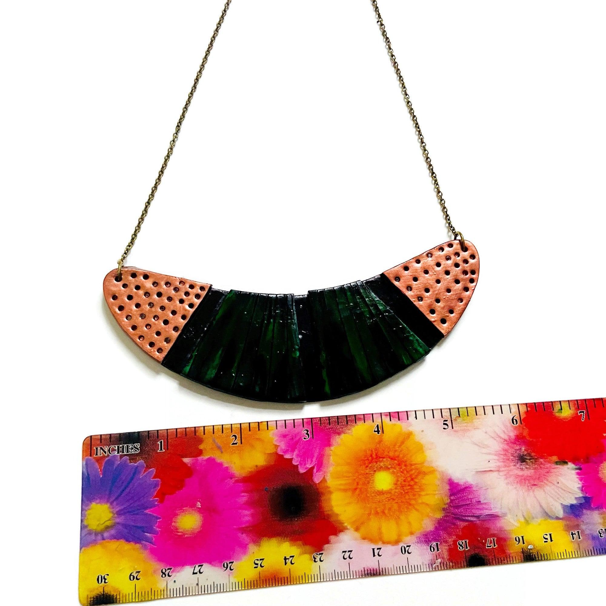 Emerald Green Statement Necklace with Black & Copper Accents Sassy Sacha Jewelry 2