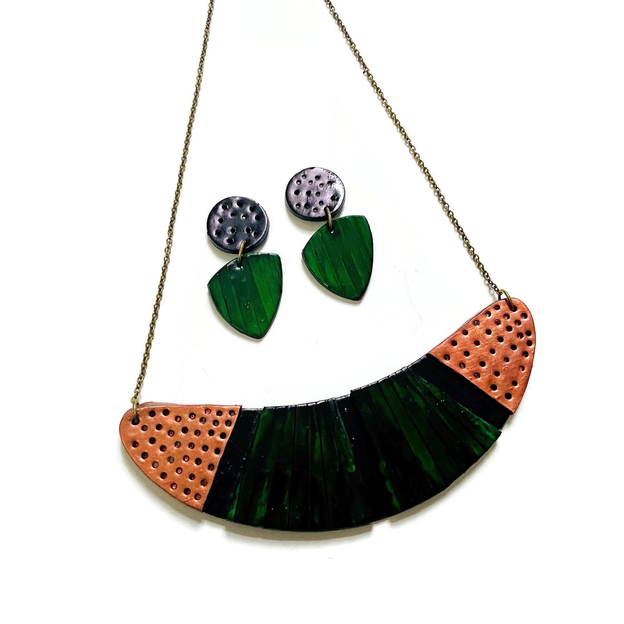 Emerald Green Statement Necklace and earrings with Black & Copper Accents Sassy Sacha Jewelry