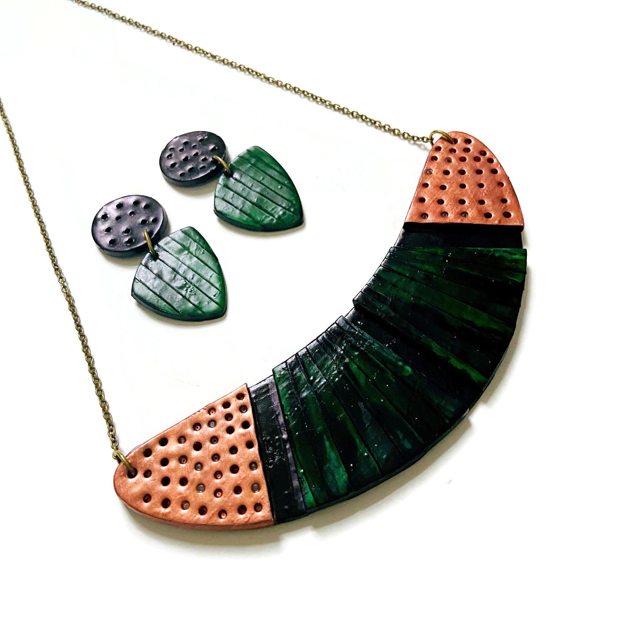 Emerald Green Statement Necklace and earrings with Black & Copper Accents Sassy Sacha Jewelry 2
