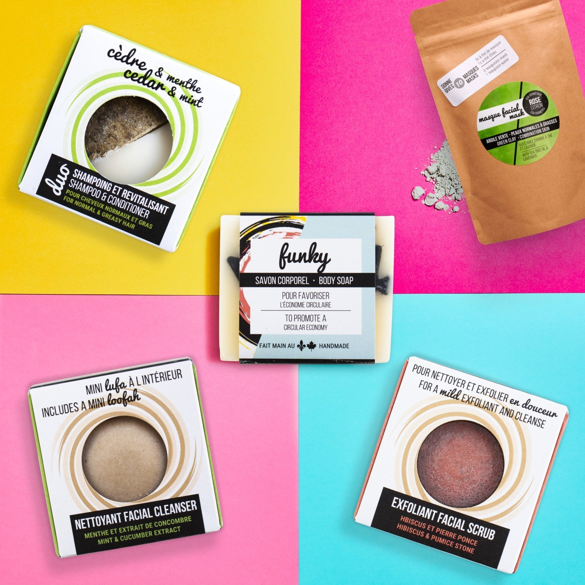 Collection of natural skincare products with labels on a colorful background