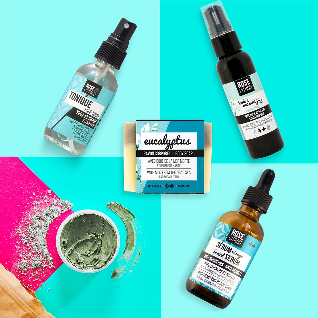 Collection of skincare products including a spray bottle, soap bar, and serum on a colorful background.