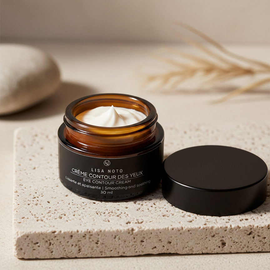 Jar of eye cream with a black lid on a textured surface LISA NOTO