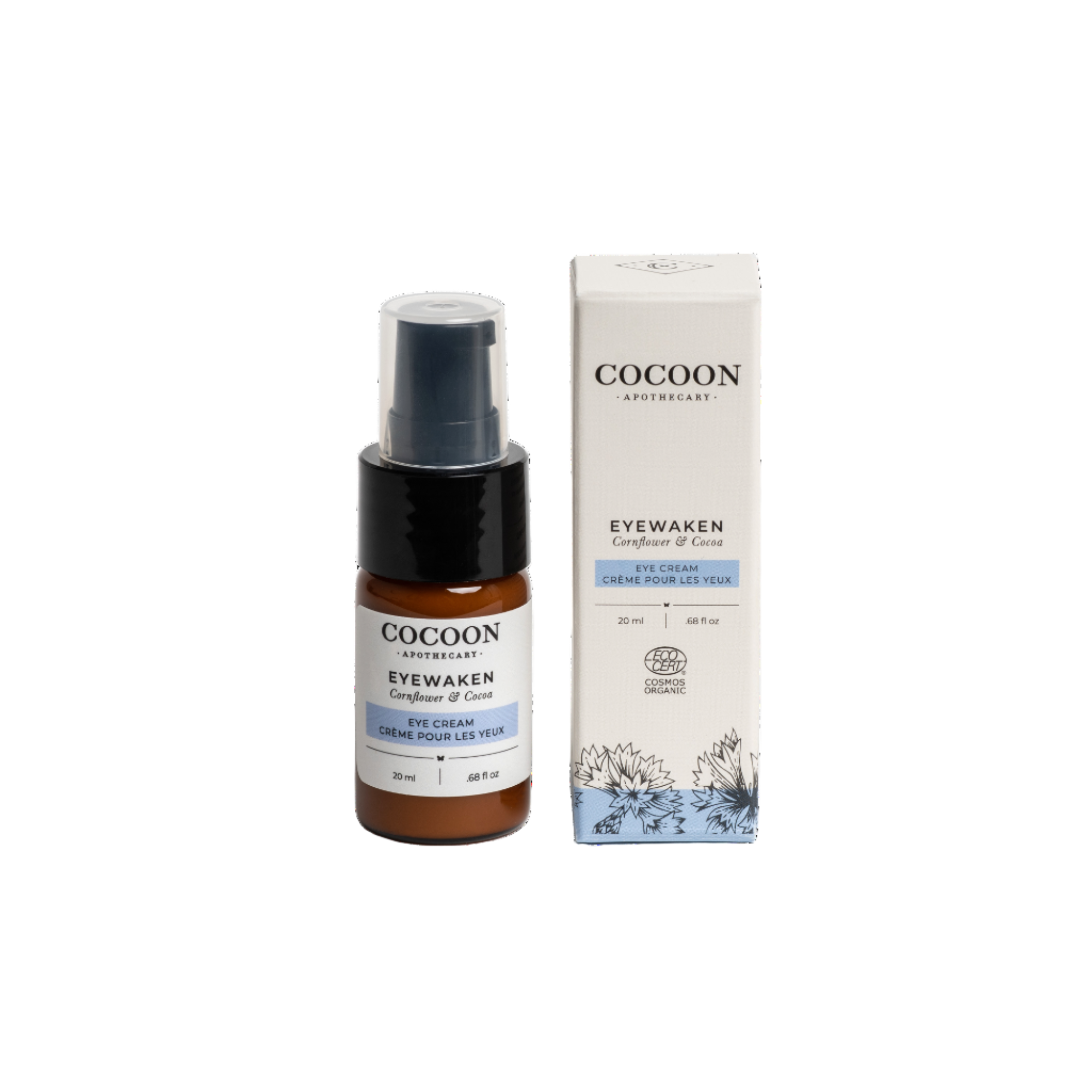 Cocoon skincare product with eye cream bottle and packaging on a white background