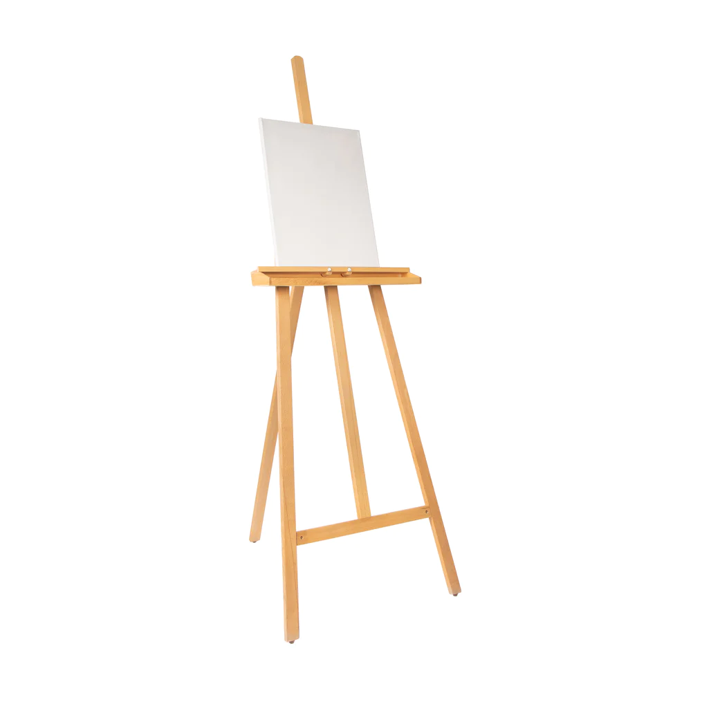 Wooden artist's easel with a white canvas on a white background