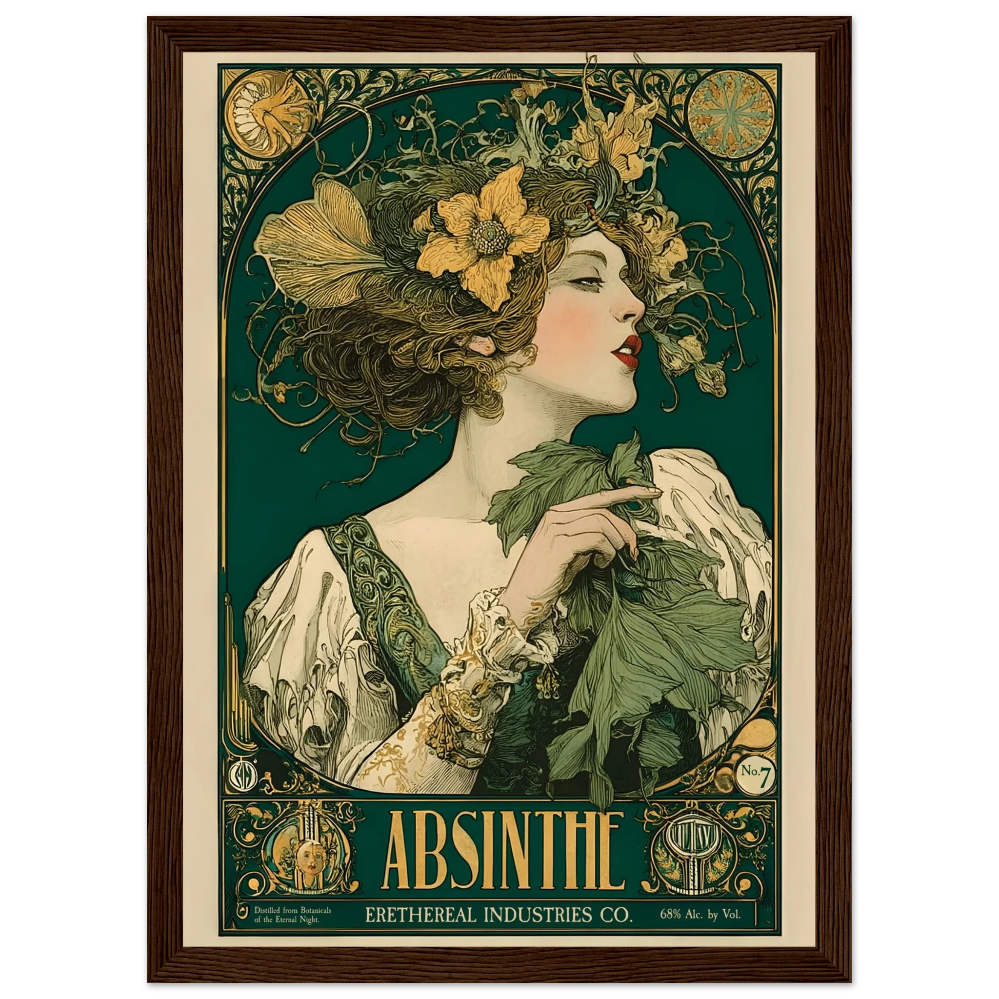 Vintage-style Absinthe advertisement poster with a woman holding leaves and flowers.