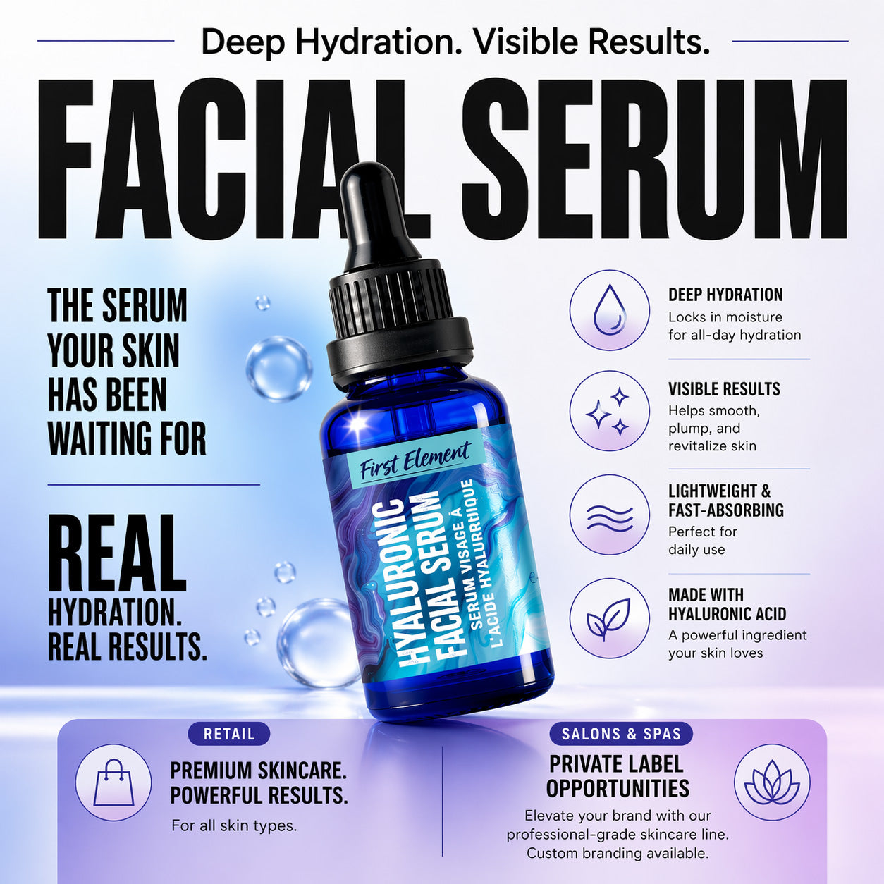 Facial serum bottle with promotional text and features on a light blue and purple gradient background