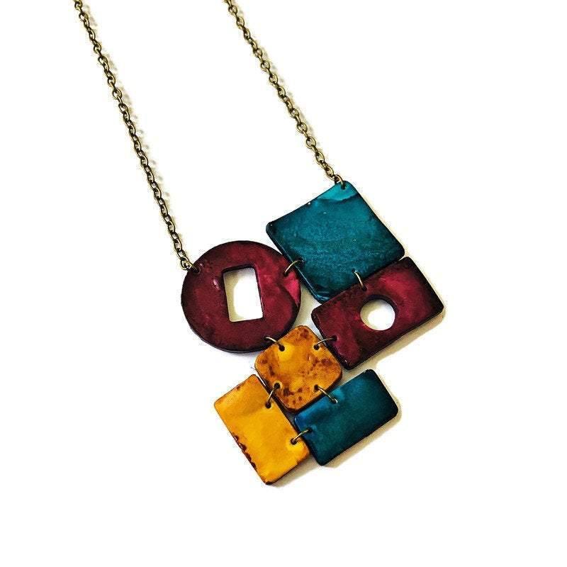 Geometric Statement Necklace, Maroon, Teal & Mustard Yellow, Handmade Polymer Clay Sassy Sacha Jewelry