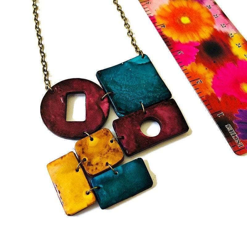 Geometric Statement Necklace,  Maroon, Teal & Mustard Yellow, Handmade Polymer Clay Sassy Sacha Jewelry 2