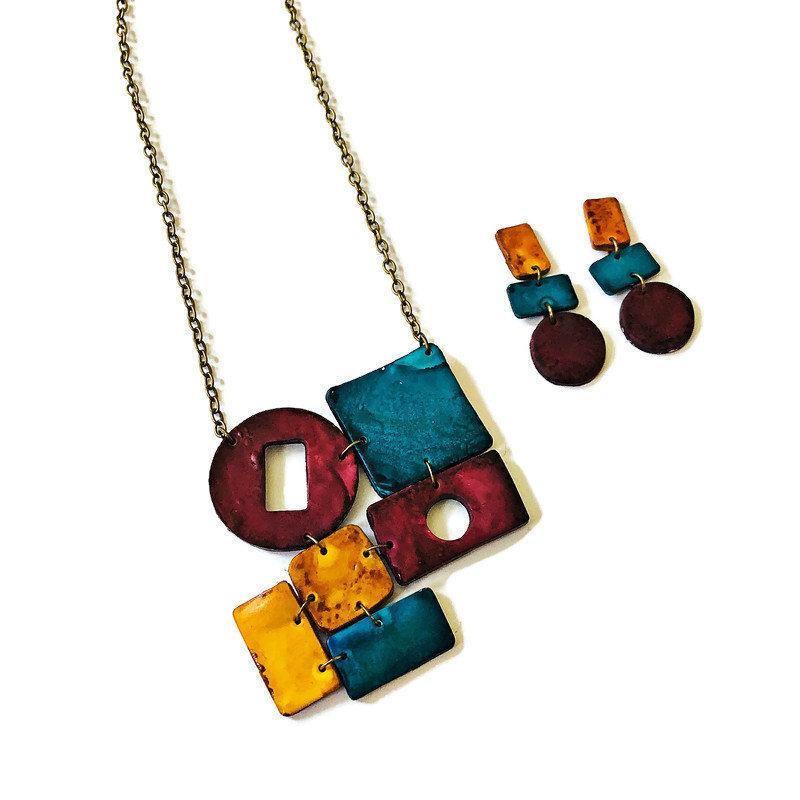 Geometric Statement Necklace, earrings, Maroon, Teal & Mustard Yellow, Handmade Polymer Clay Sassy Sacha Jewelry