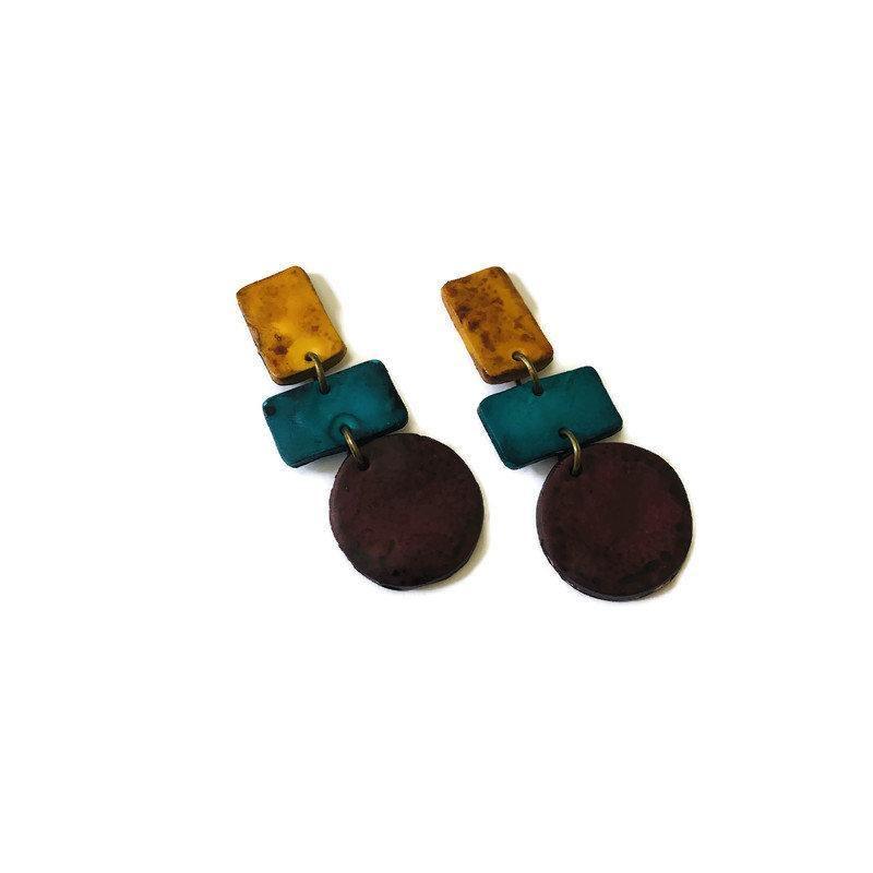 Geometric Statement earrings, Maroon, Teal & Mustard Yellow, Handmade Polymer Clay Sassy Sacha Jewelry