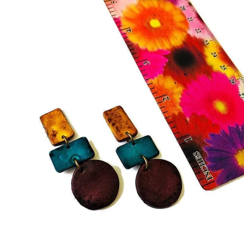 Geometric Statement earrings, Maroon, Teal & Mustard Yellow, Handmade Polymer Clay Sassy Sacha Jewelry 2