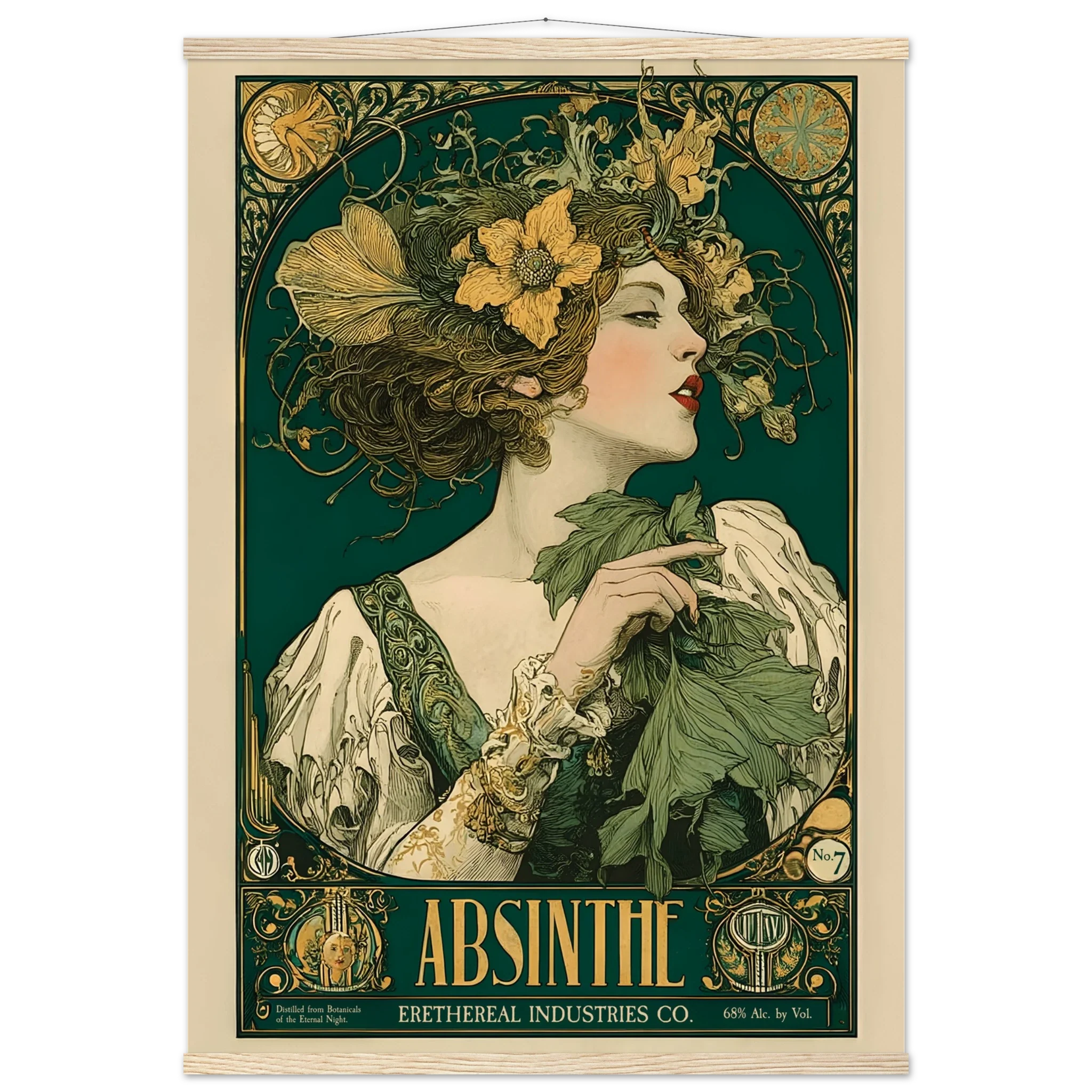 Vintage-style poster of a woman with flowers and absinthe leaves, featuring the word 'Absinthe' and 'Erethereal Industries Co.'.