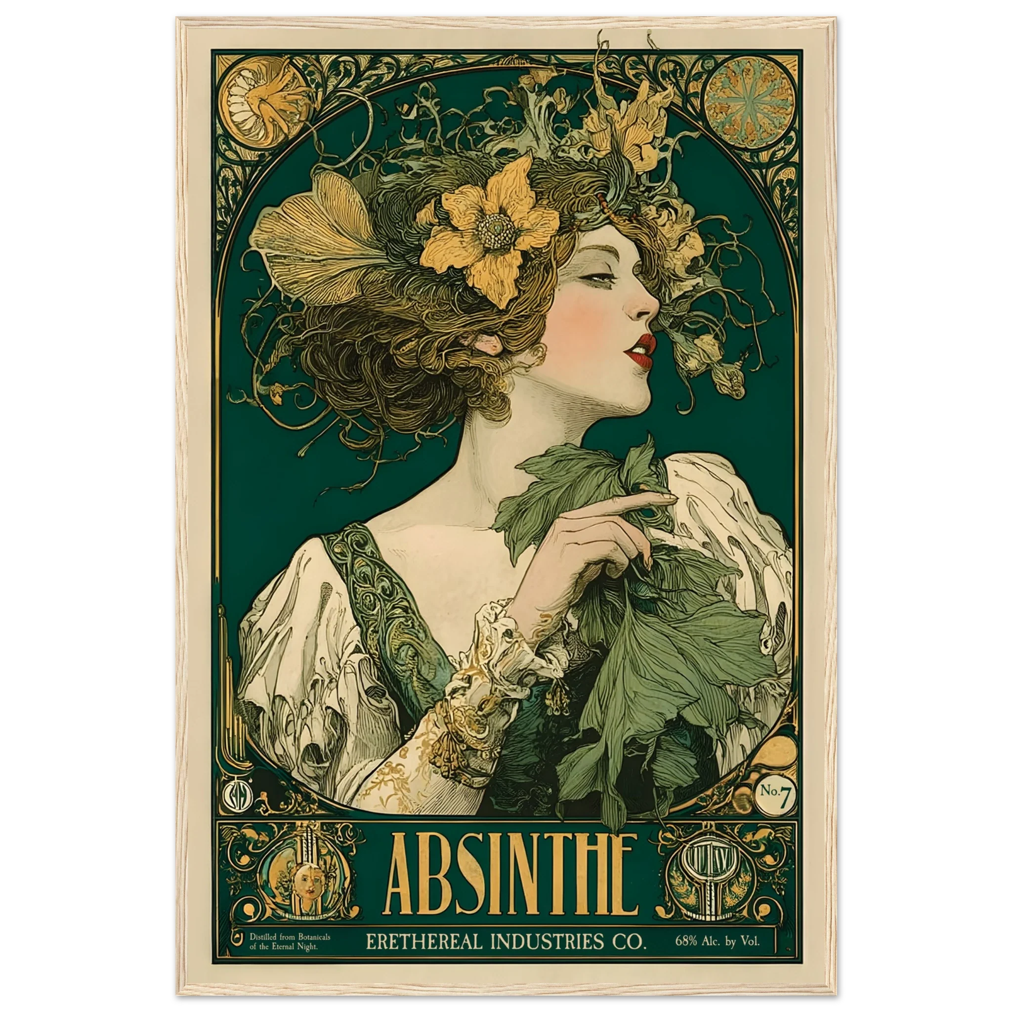 Vintage-style Absinthe poster with a woman holding leaves and flowers.
