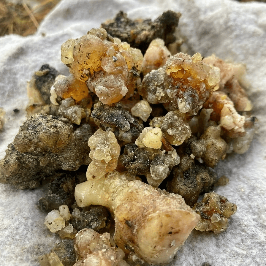 Close-up of amber-colored mineral crystals on a light gray surface