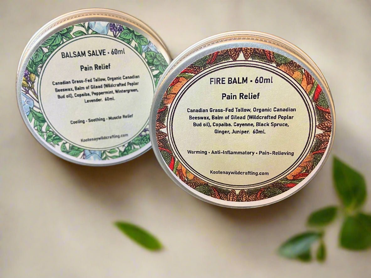 Two tins of balm labeled 'Balsam Salve' and 'Fire Balm' on a light background with green leaves.