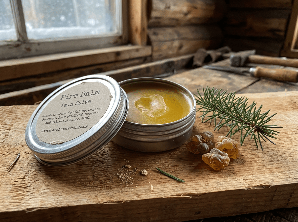 Two tins of Fire Balm Pain Salve on a wooden surface with a sprig of pine and resin.