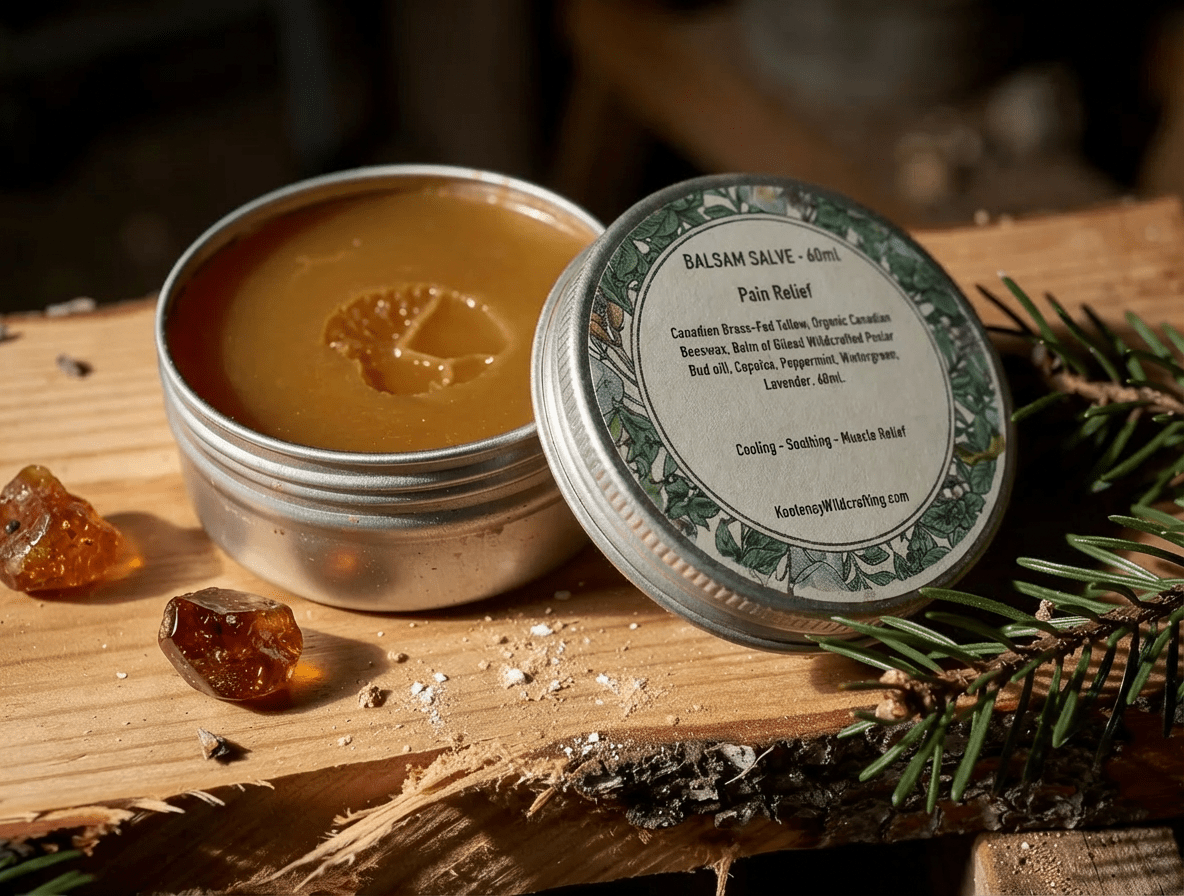 Balm salve in a metal tin with a label on a wooden surface with pine needles and resin.