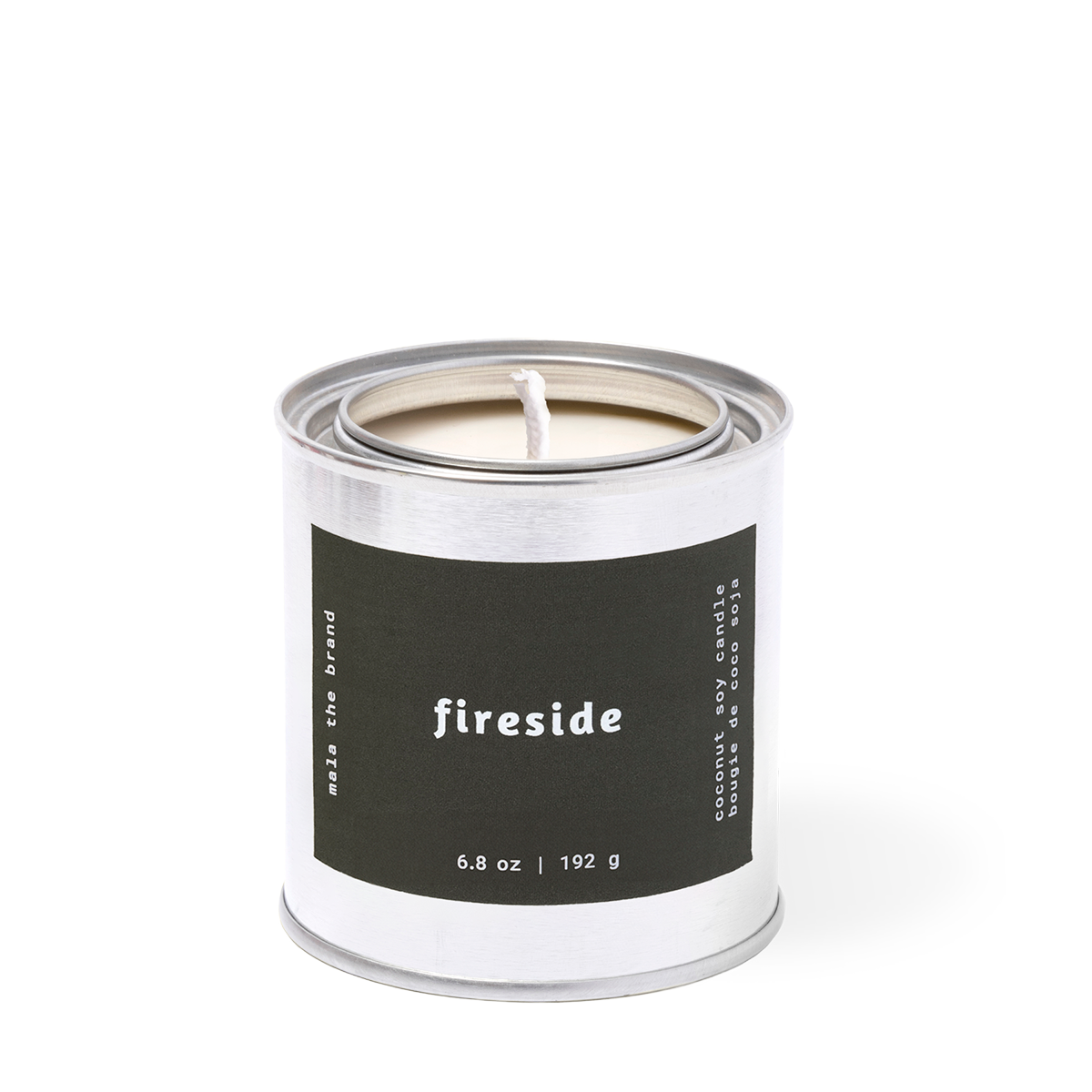 Candle in a silver container labeled 'fireside' on a white background