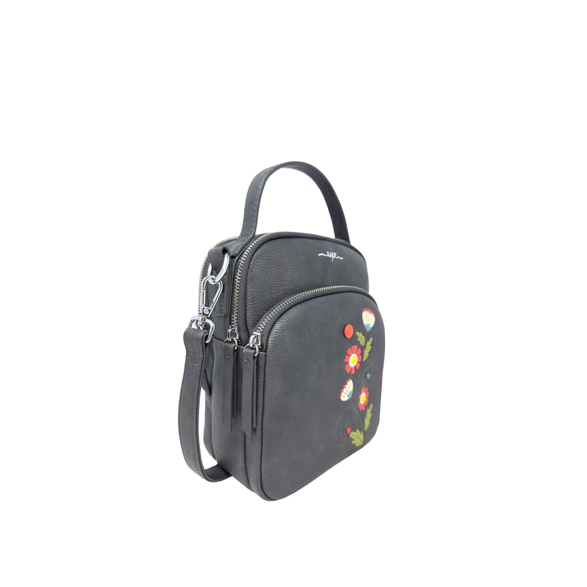 Espe Vegan Corp grey handbag with floral embroidery on a white background