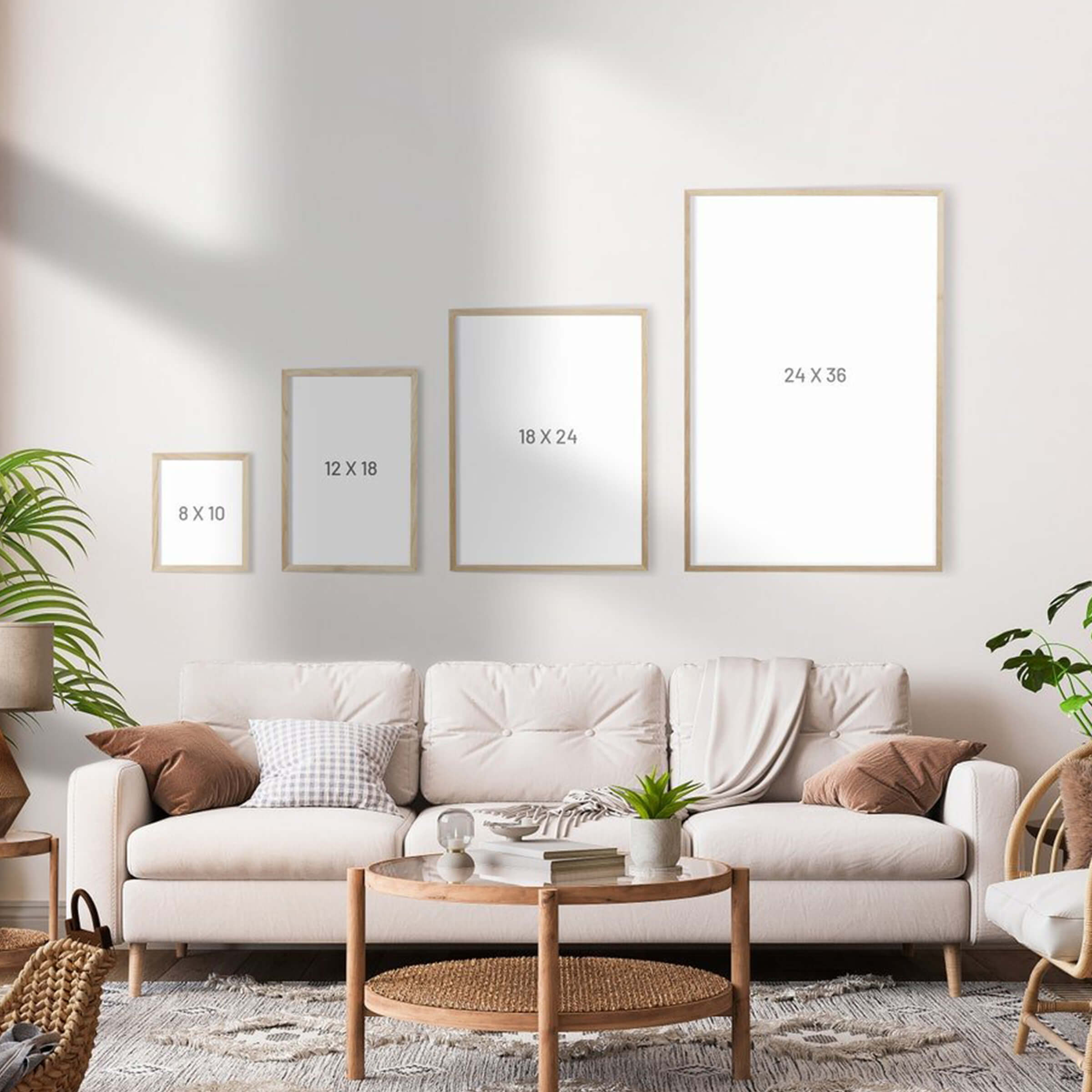 Living room with a beige sofa, wooden coffee table, and framed pictures on the wall.