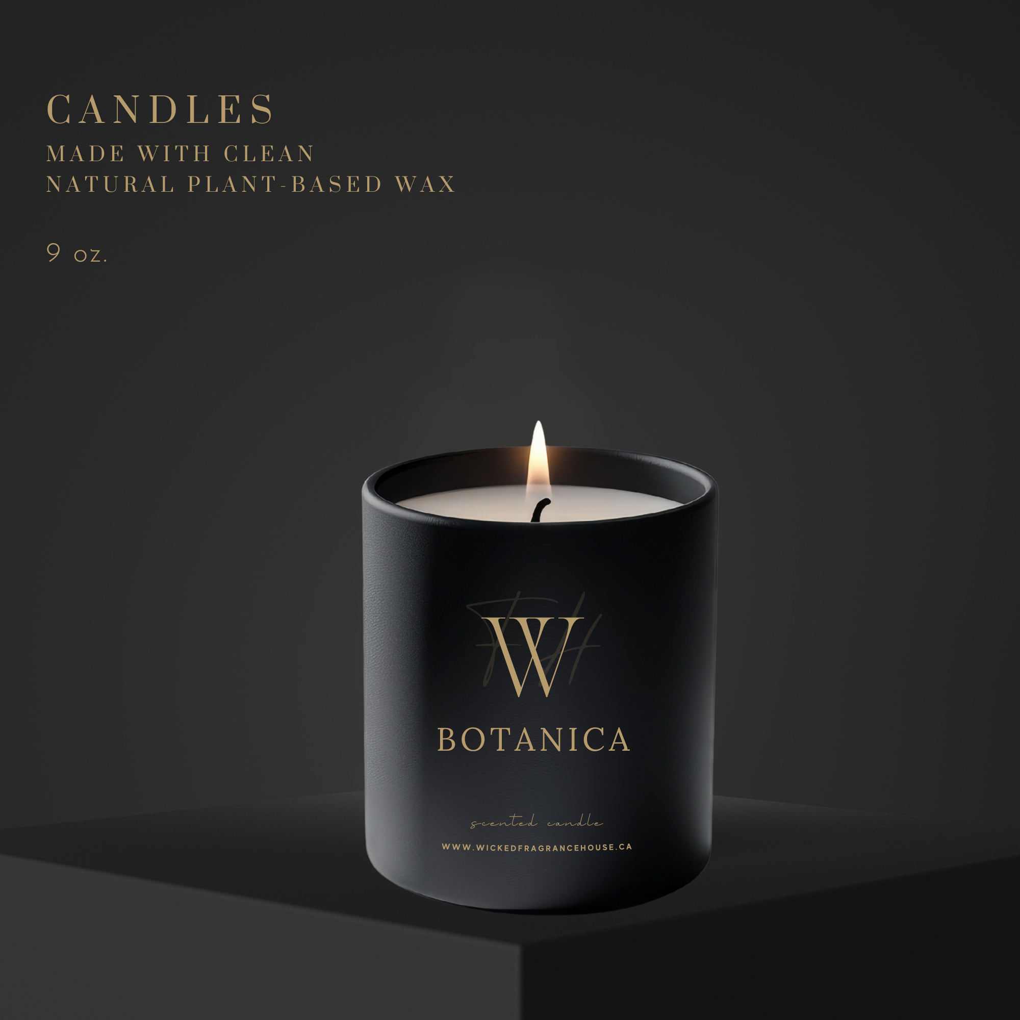 Black candle with 'W Botanica' logo on a dark background