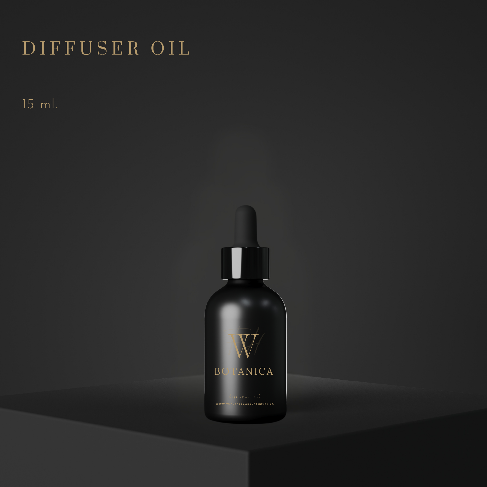 Black diffuser oil bottle with dropper on a dark background