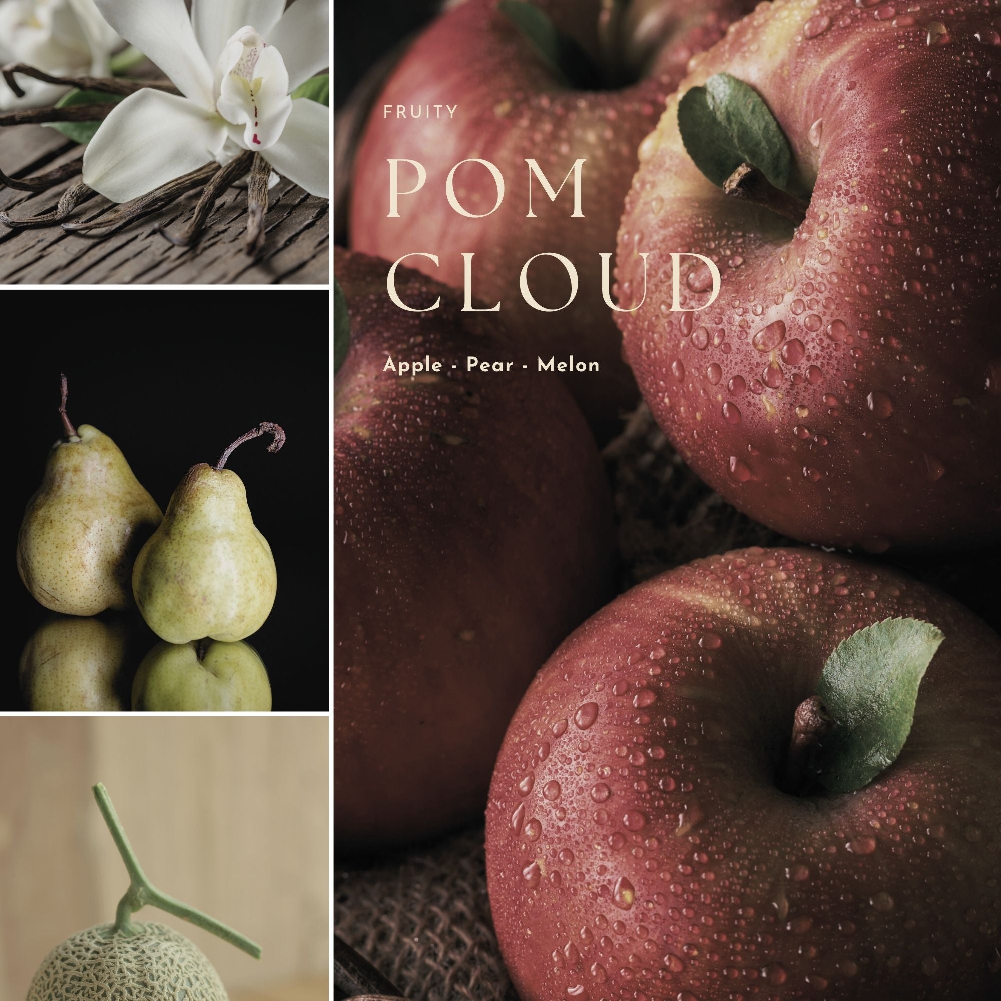 Collage of apples, pears, and a melon with 'Pom Cloud' branding.