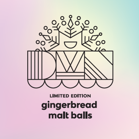Logo with 'Limited Edition Gingerbread Malt Balls' text on a gradient background
