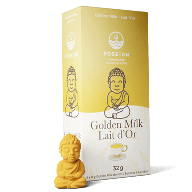 Box of Posiedn Golden Milk bomb flavor with a small Buddha statue on a white background