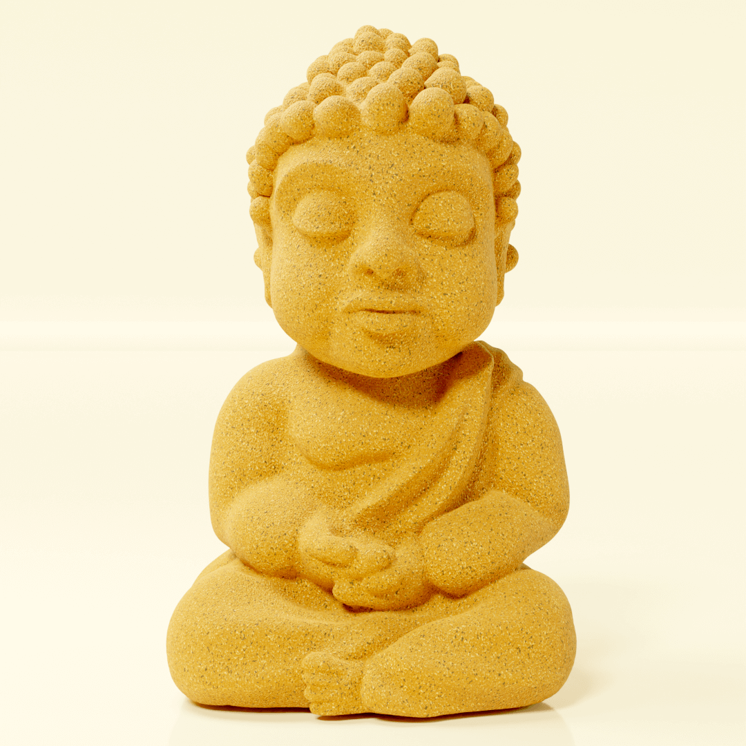 Posiedn Golden Milk bomb flavo Yellow sand sculpture of a seated figure on a beige background
