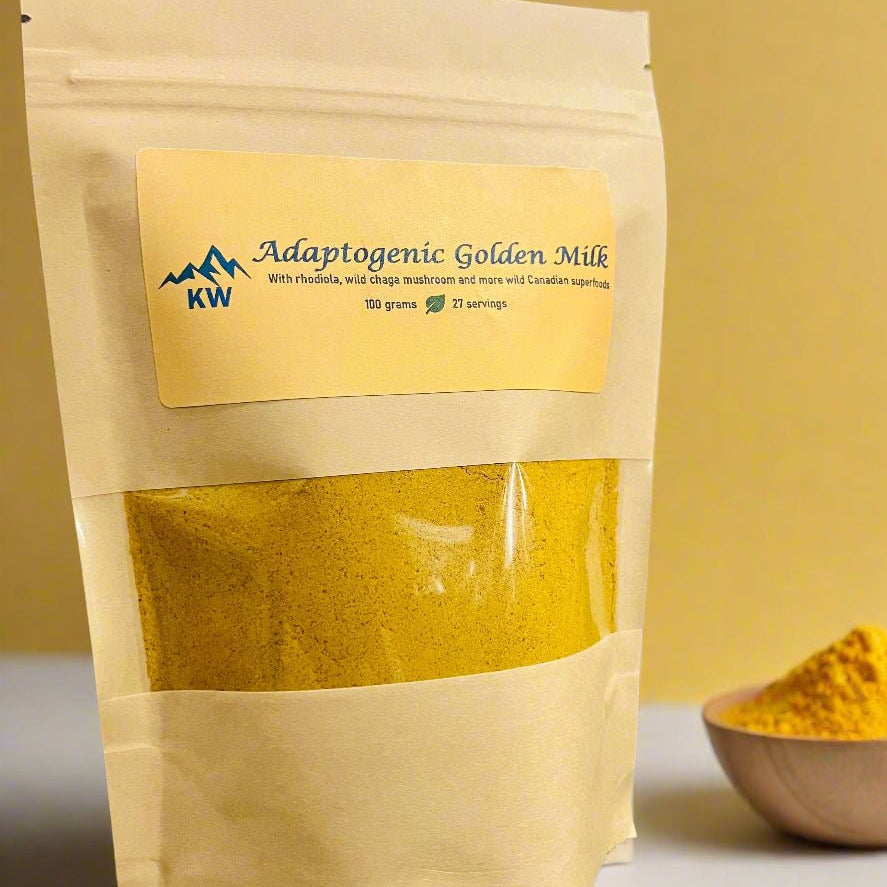 Package of Adaptogenic Golden Milk with visible powder, on a neutral background