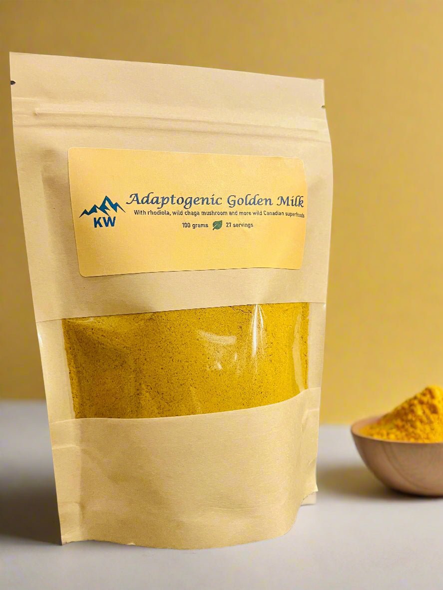 Package of Adaptogenic Golden Milk with visible powder, on a neutral background