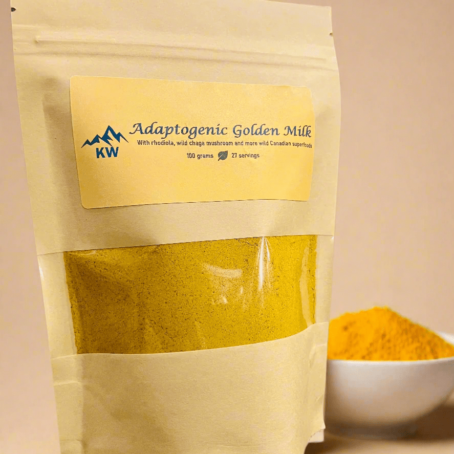 Package of Adaptogenic Golden Milk with a bowl of turmeric powder on a beige background