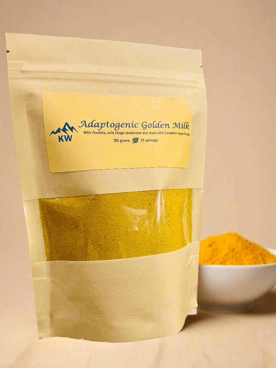Package of Adaptogenic Golden Milk with a bowl of turmeric powder on a beige background