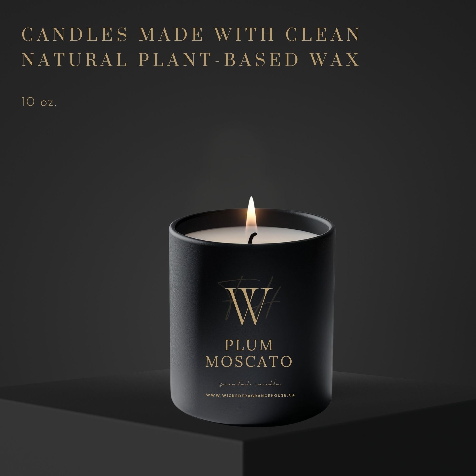 Black candle with 'W' logo and 'Plum Moscato' text on a dark background