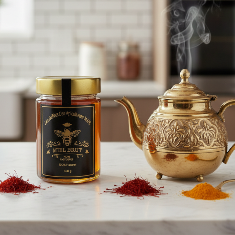 Jar of honey with a gold lid on a kitchen counter, accompanied by saffron and turmeric.