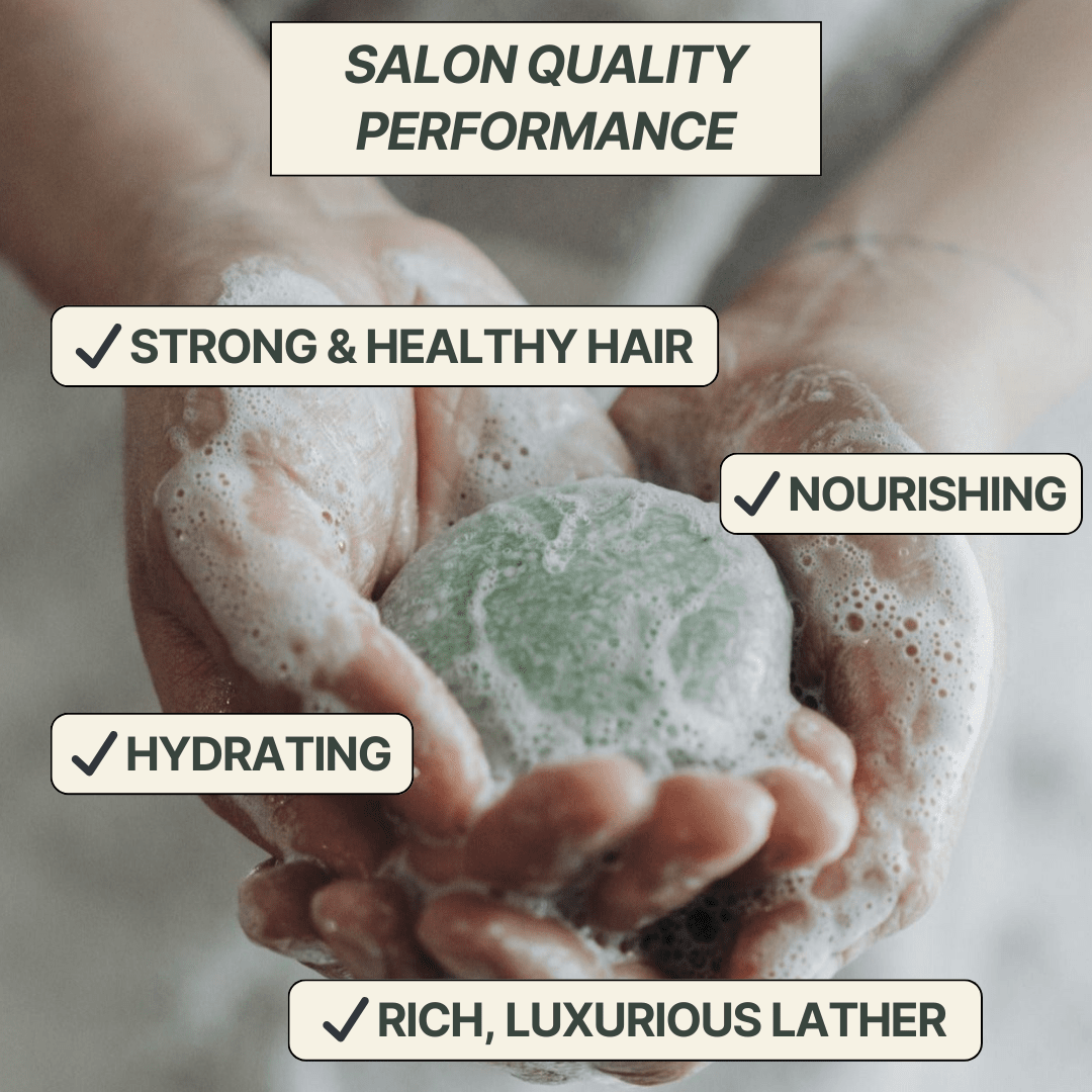Close-up of hands with soap suds and text highlighting salon quality performance, strong and healthy hair, nourishing, hydrating, and rich luxurious lather.