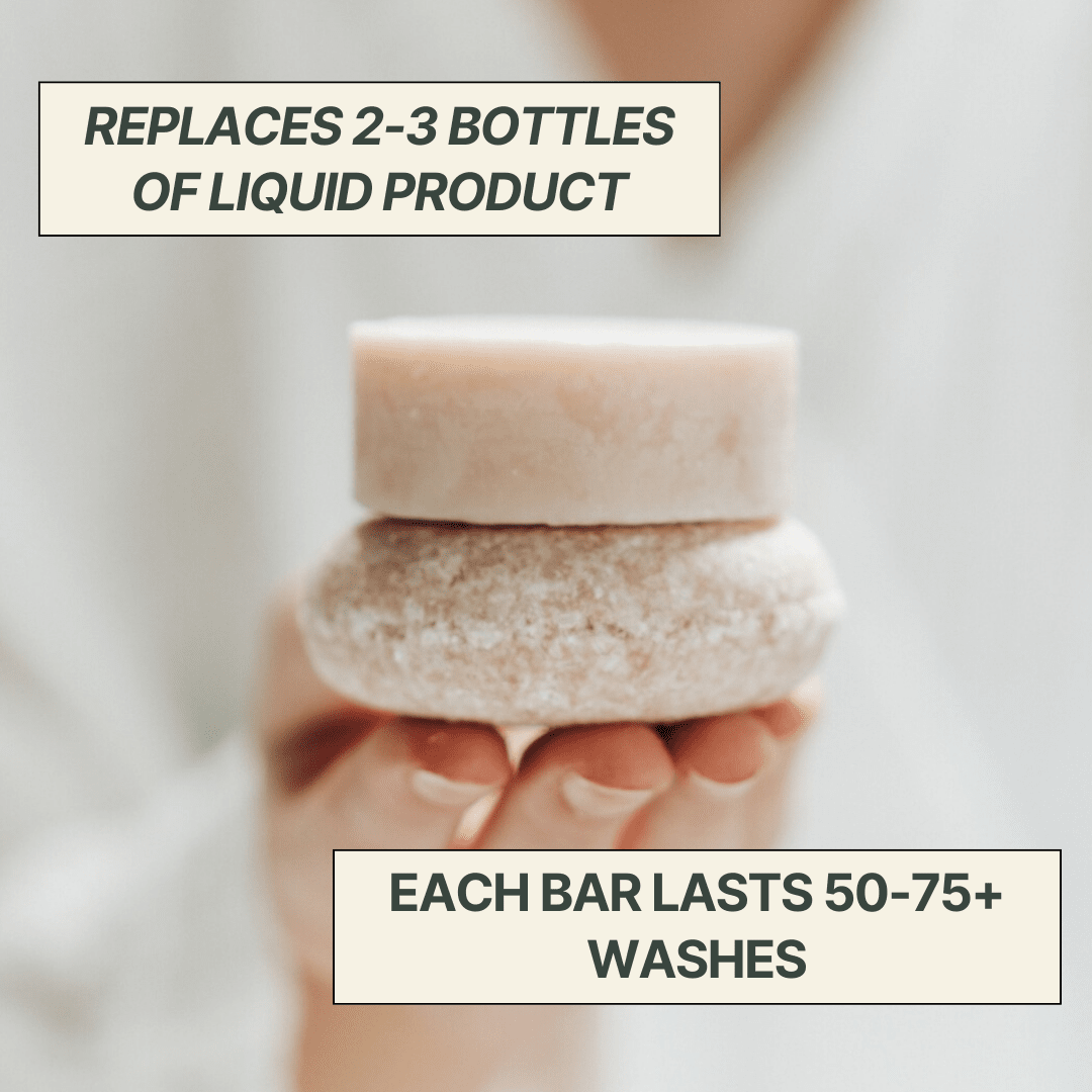 Two soap bars being held with text about product longevity and replacement value.
