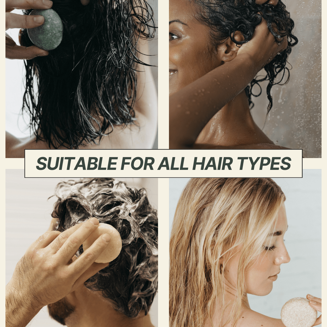 Collage of people using a hair care product on different hair types with text 'Suitable for all hair types'.