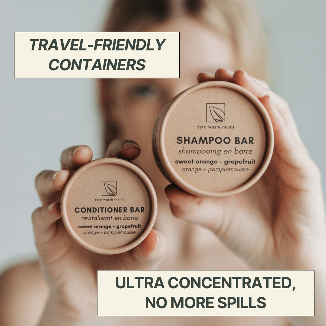 Person holding two travel-sized shampoo and conditioner bars with text about travel-friendly containers.