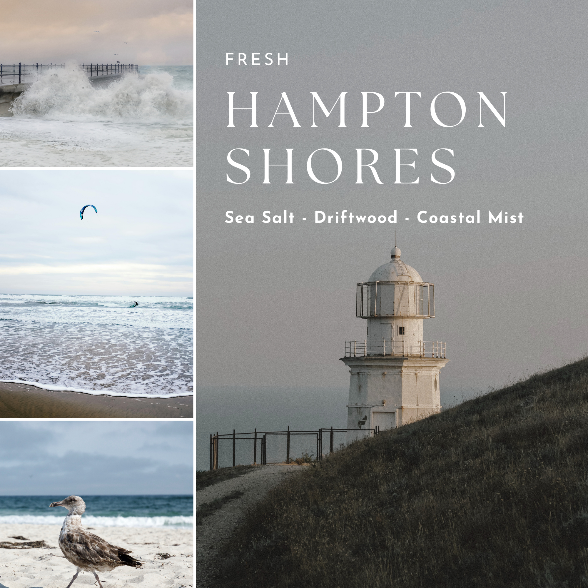 Collage of coastal scenes with a lighthouse and text 'Fresh Hampton Shores' on a gray background.