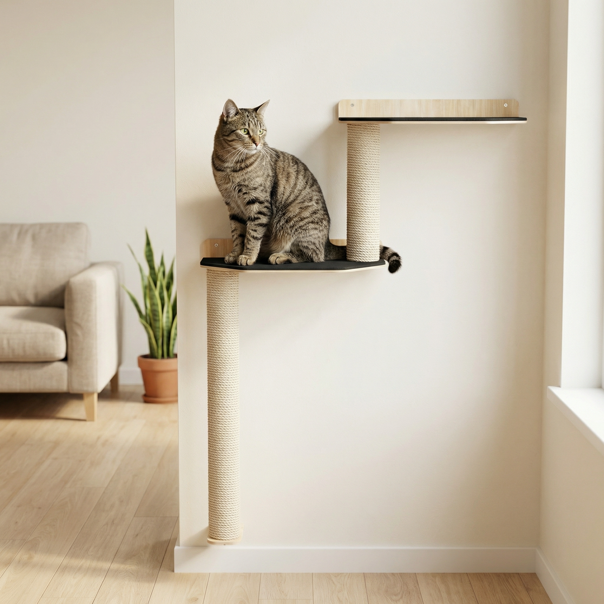 A brown tabby cat sits on a black shelf of a wall-mounted cat tree in a bright, modern living room. The cat tree has a tall, wrapped sisal post, a black shelf, a light wood platform, and a small window perch on the right.