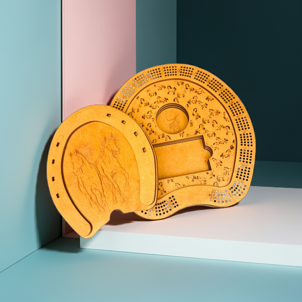 Two wooden trays with intricate carvings on a colorful geometric background