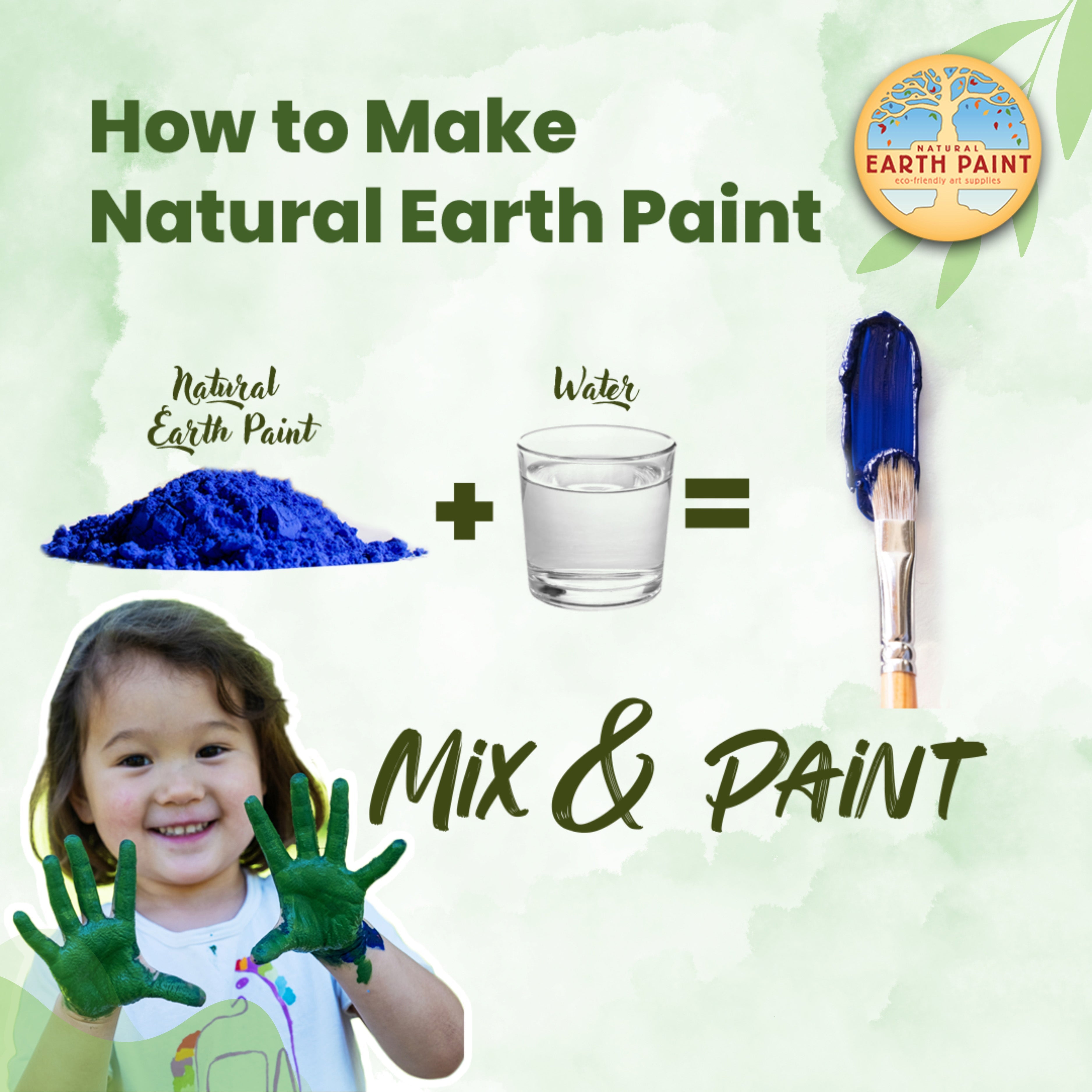 Instructional graphic on making natural earth paint with a child holding green paint.