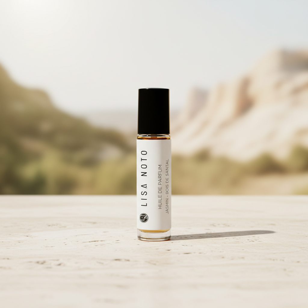 A small Lisa Noto rollerball perfume bottle with a black cap and white label, standing on a light stone surface with a blurred outdoor desert landscape in the background.