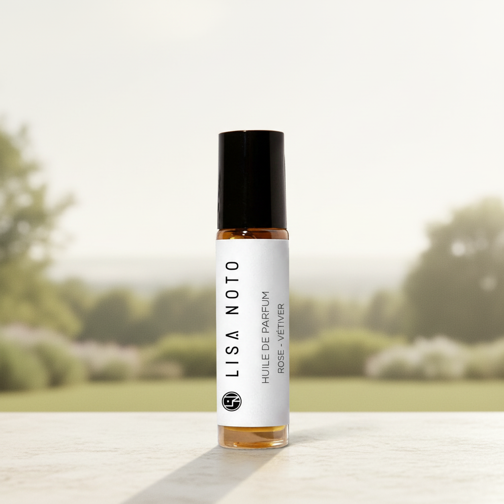 A small rollerball perfume bottle labeled 'LISA NOTO' and 'HUILE DE PARFUM ROSE - VETIVER' stands upright on a light stone surface with a softly blurred outdoor garden background.